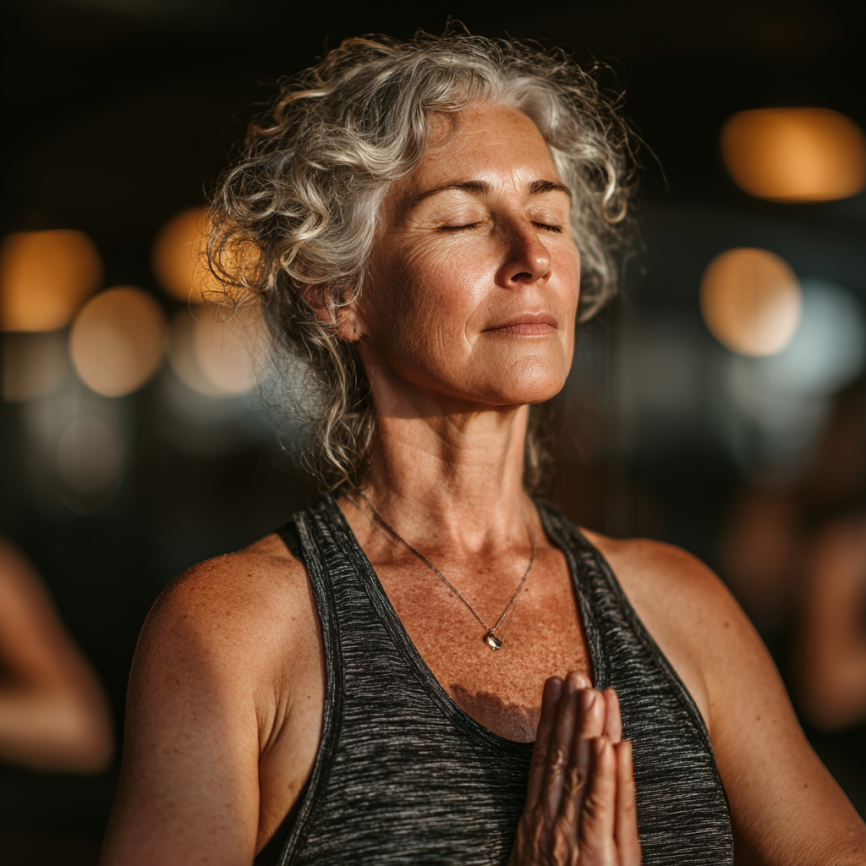 Літня жінка виконує йогу